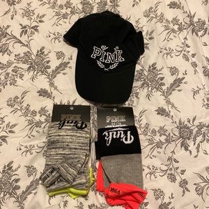 PINK knee high socks (3 pairs total) & baseball cap (worn once)